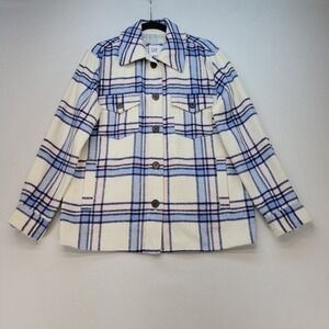 Gap Plaid Shacket Women Small Navy Pink Plaid Button Front Wool Blend
